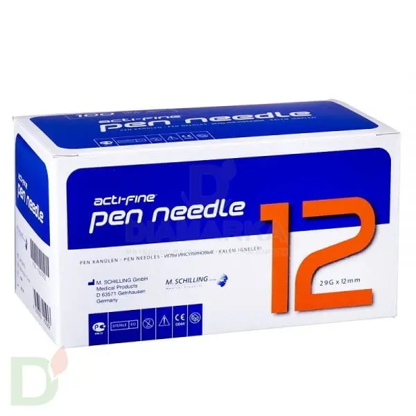 Иглы Акти-Файн (Acti-Fine) 29G, длина 12 мм, 100 штук, для шприц ручек